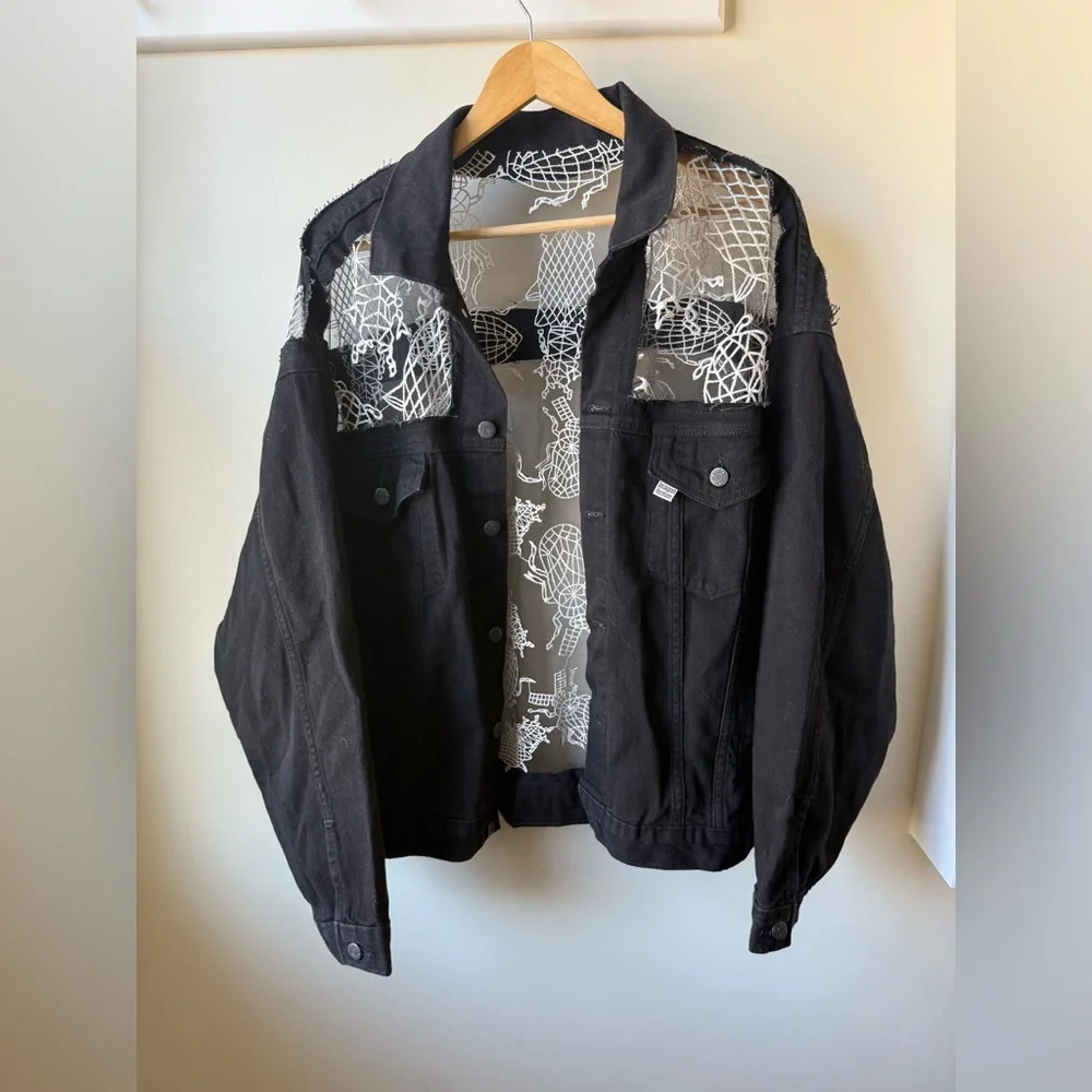 DRAGON DENIM Beetle Denim‎ Jacket Lace Grunge Whimsigoth Goth Bug Insect Black L - Picture 2 of 10